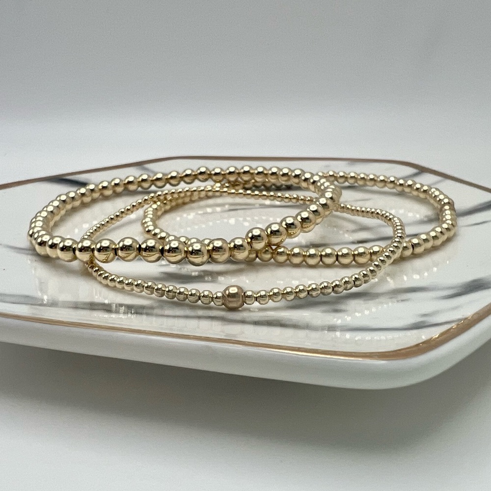 π Set of 2mm 3mm 4mm 14k Gold Filled Beaded Stretch Bracelets - Picture 5 of 9